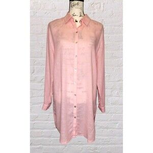 Tahari Linen Tunic Shirt Dress Womens MED Pink Roll Tab Sleeve MOP Buttons